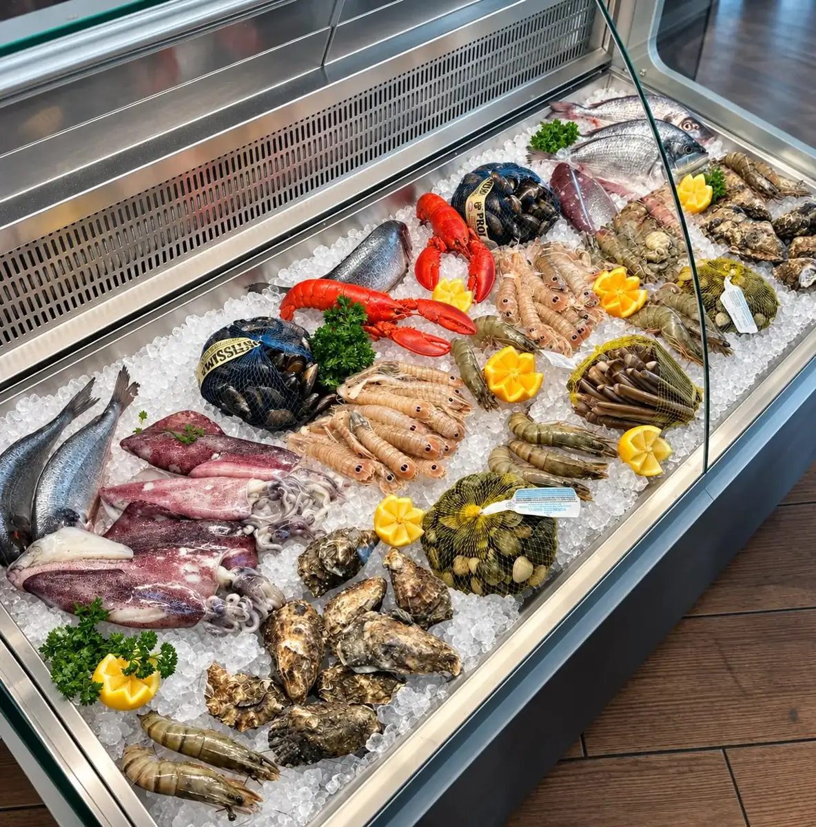 Frischetheke im Ristorante Waldblick mit Dorade, Hummer, Garnelen, Calamari, Austern und Muscheln auf Eis