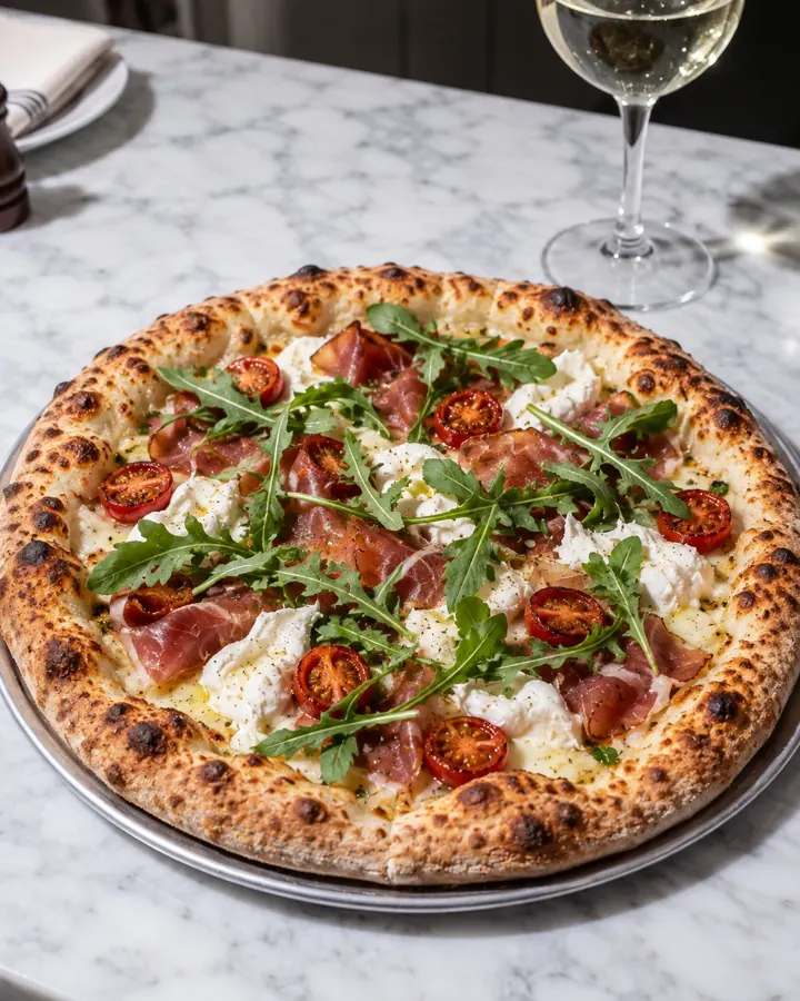 Pizza Bianca Trentino aus dem Holzofen mit Speck, Büffelmozzarella, Kirschtomaten und Rucola