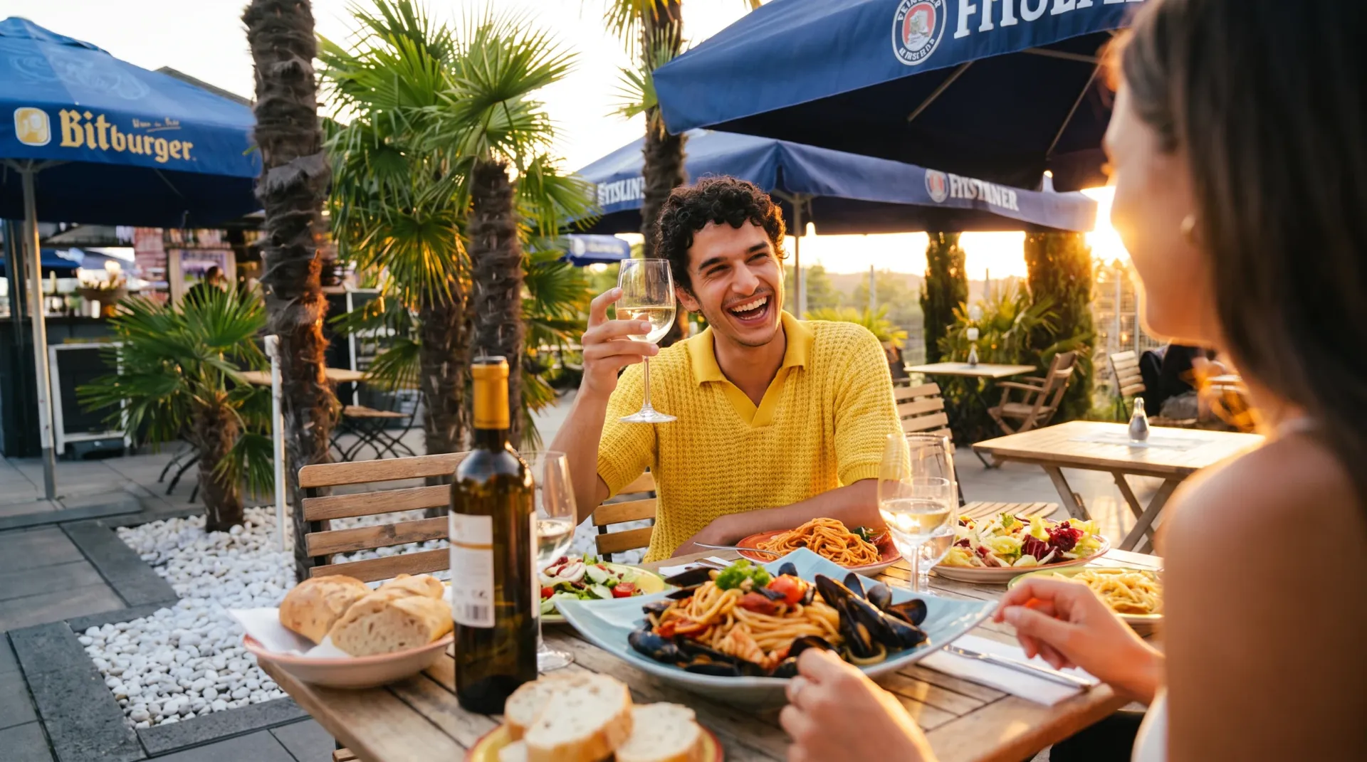 Gäste beim Abendessen auf der Terrasse des Ristorante Waldblick in Cleebronn, Pasta und Weißwein unter Palmen